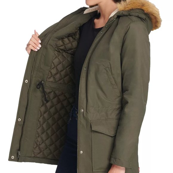 Levi's Sherpa Lined Parka Green Jacket Faux Fur Trimmed Hood Size Small - Picture 2 of 12